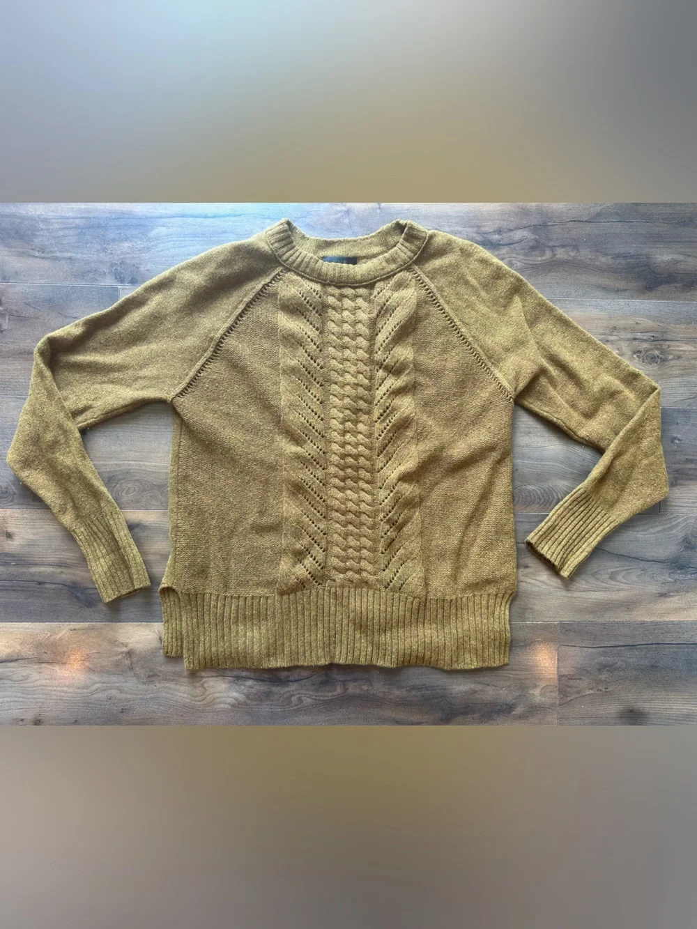 J.Crew 100% Wool Cable Knit Sweater Small Mustard Olive Crewneck Cozy